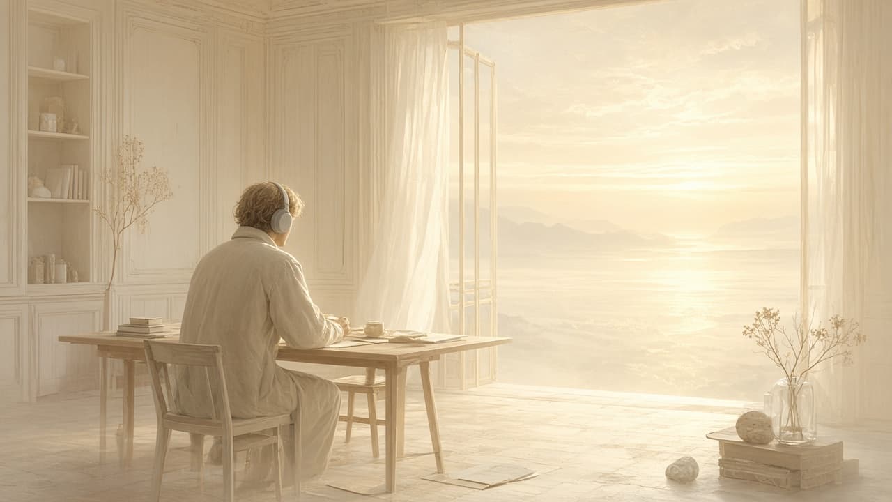 A person in headphones sits at a wooden desk in a pale room, facing open doors and a bright sea.